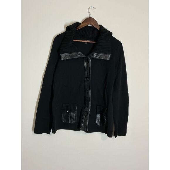Classiques Entier L Black 100% Merino Wool Real Leather Cardigan Sweater - Picture 1 of 5